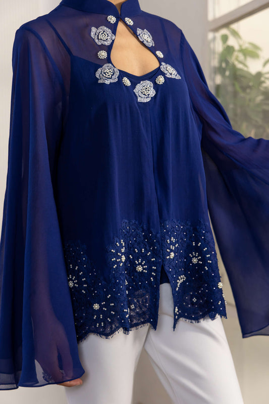 Royale Bloom Hand Embellished French Lace Georgette Top