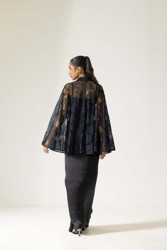 Royal bloom black french chantilly lace hand embroidered cape set