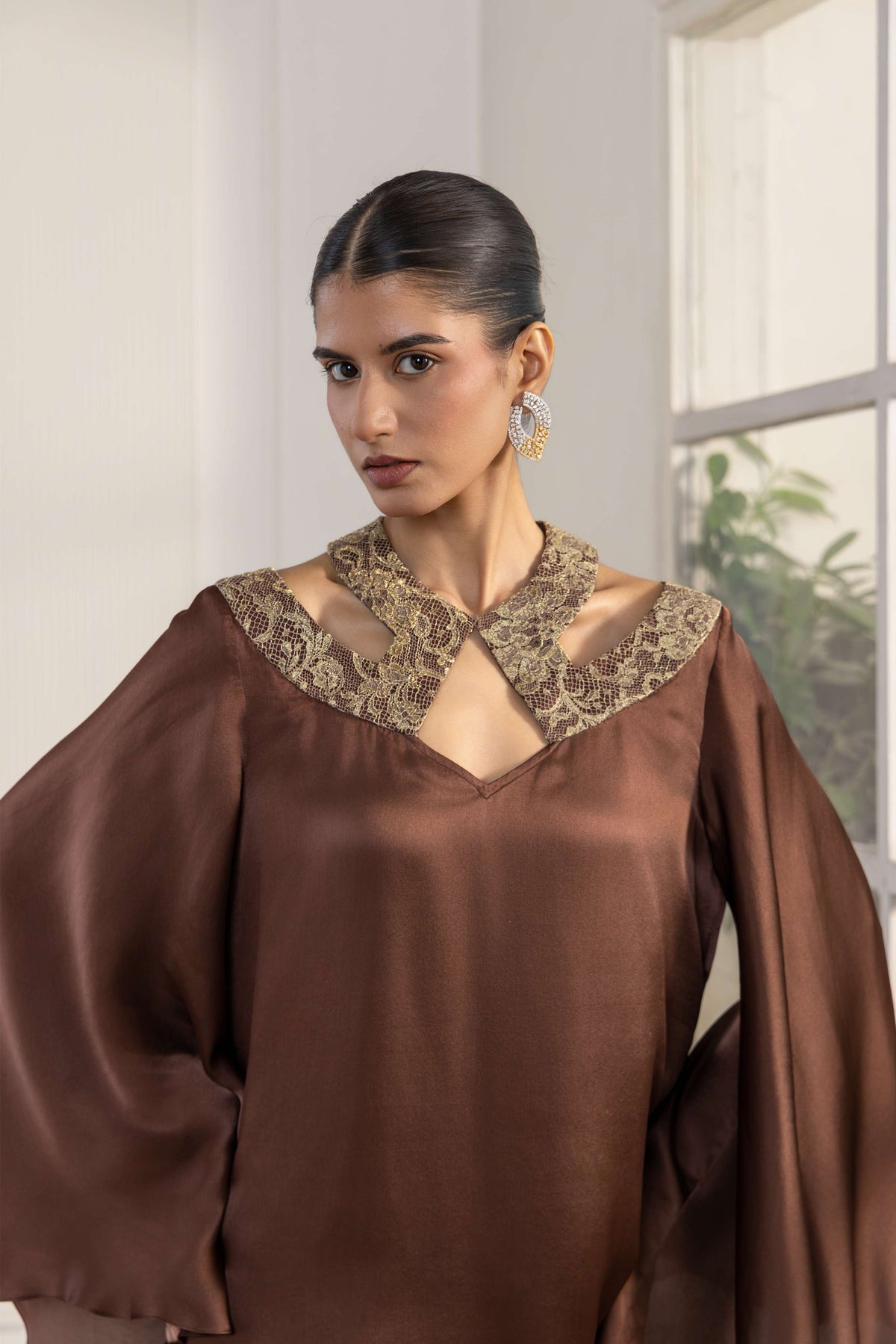 Mocha Whisper Metallic French Lace Satin Top