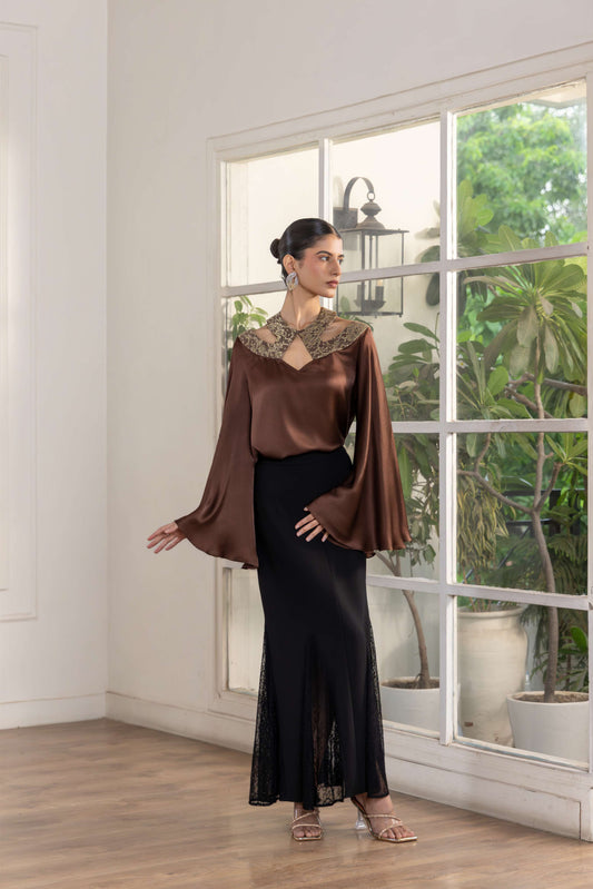 Mocha Whisper Metallic French Lace Satin Top