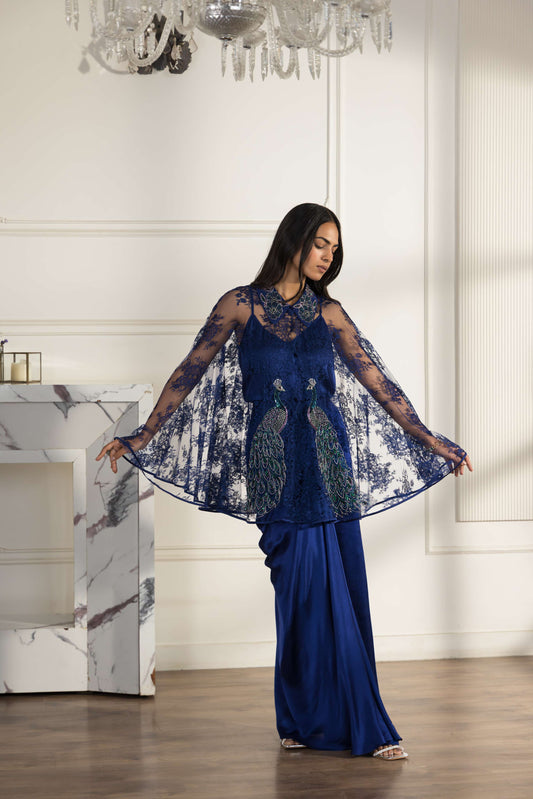Coronelle Navy Blue Hand Embroidered French Chantilly Lace Cape Co-ord Set