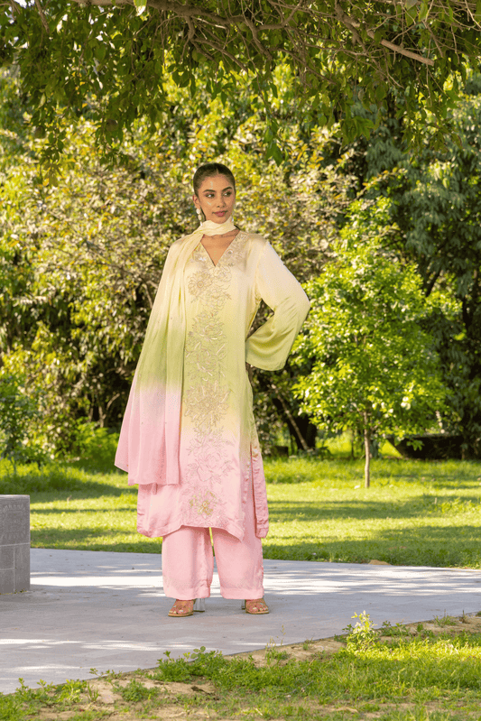 Azalea Hand embroidered French Lace Ombre Satin Kurta Set