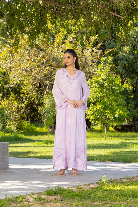 Lavender Hand Embroidered French lace Crepe Silk Kaftaan