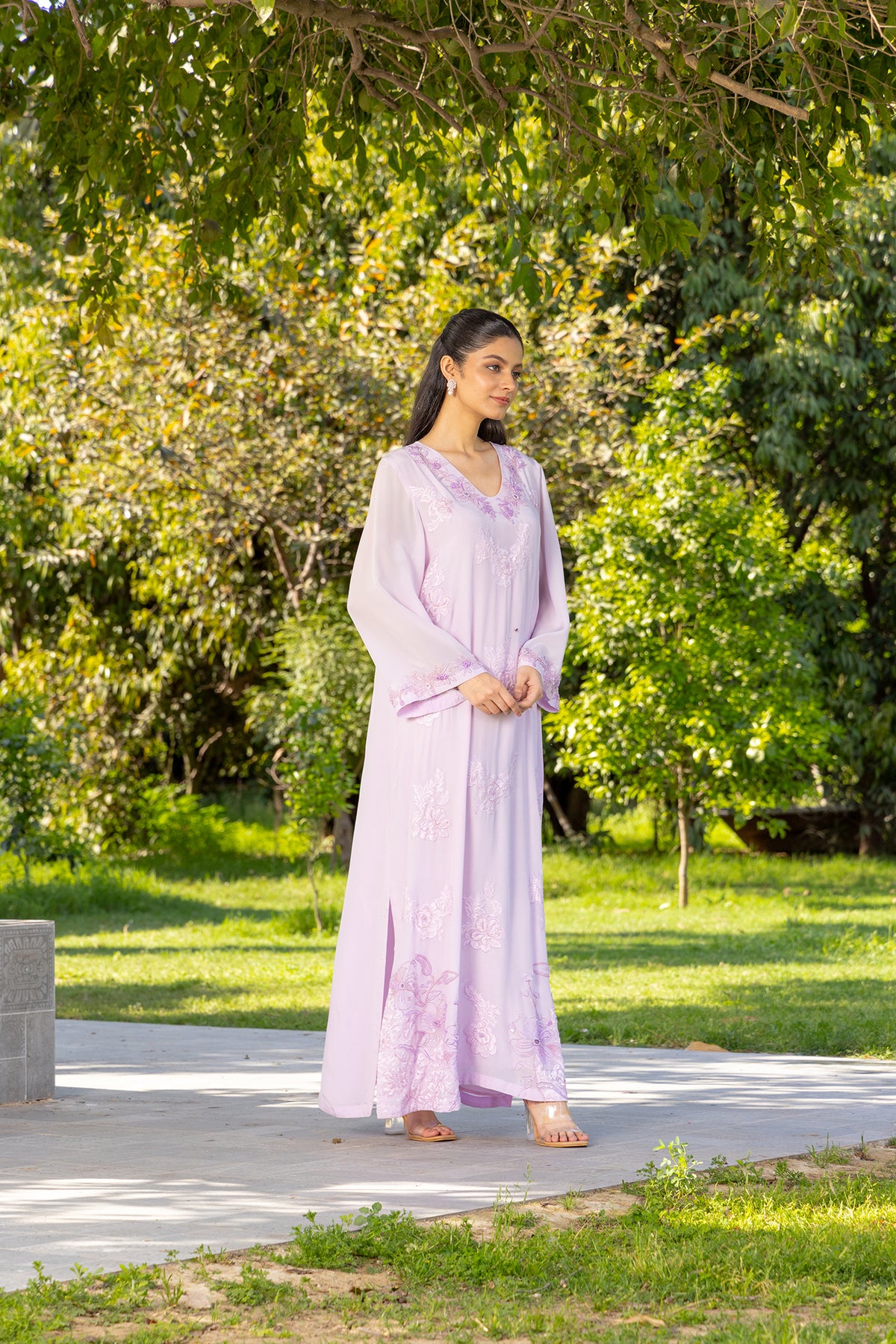Lavender Hand Embroidered French lace Crepe Silk Kaftaan