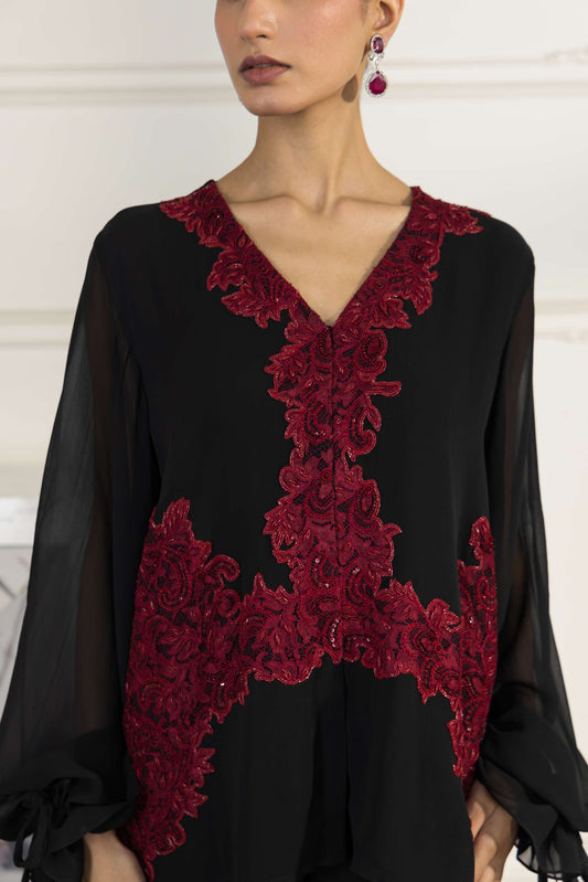 Carmine Rouge Hand Embellished French Lace Georgette Co-ord Set