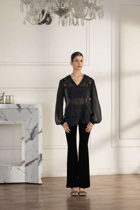 Noir Fleur Hand embroidered French Lace Flat Chiffon Top