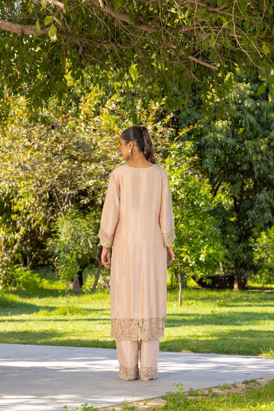Amaryllis Hand embellished French lace Dupion Silk Kurta set