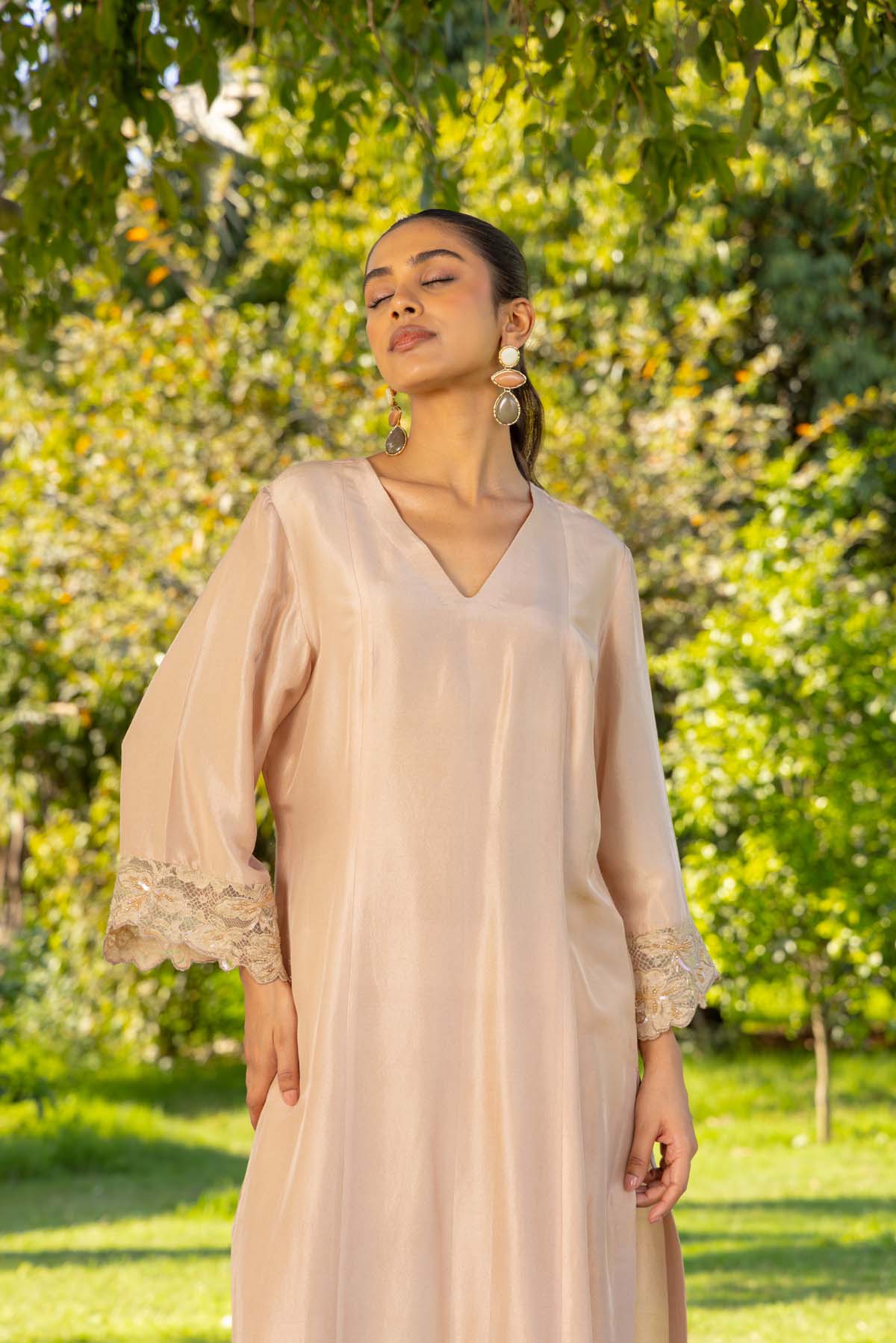 Amaryllis Hand embellished French lace Dupion Silk Kurta set