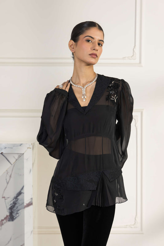 Noir Fleur Hand embroidered French Lace Flat Chiffon Top