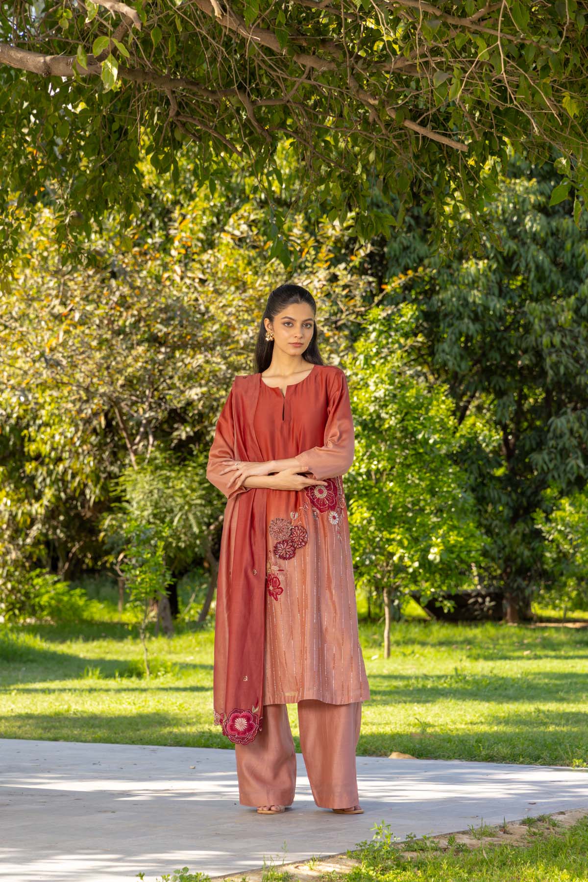 Hibiscus Hand embroidered Chanderi Silk Suit