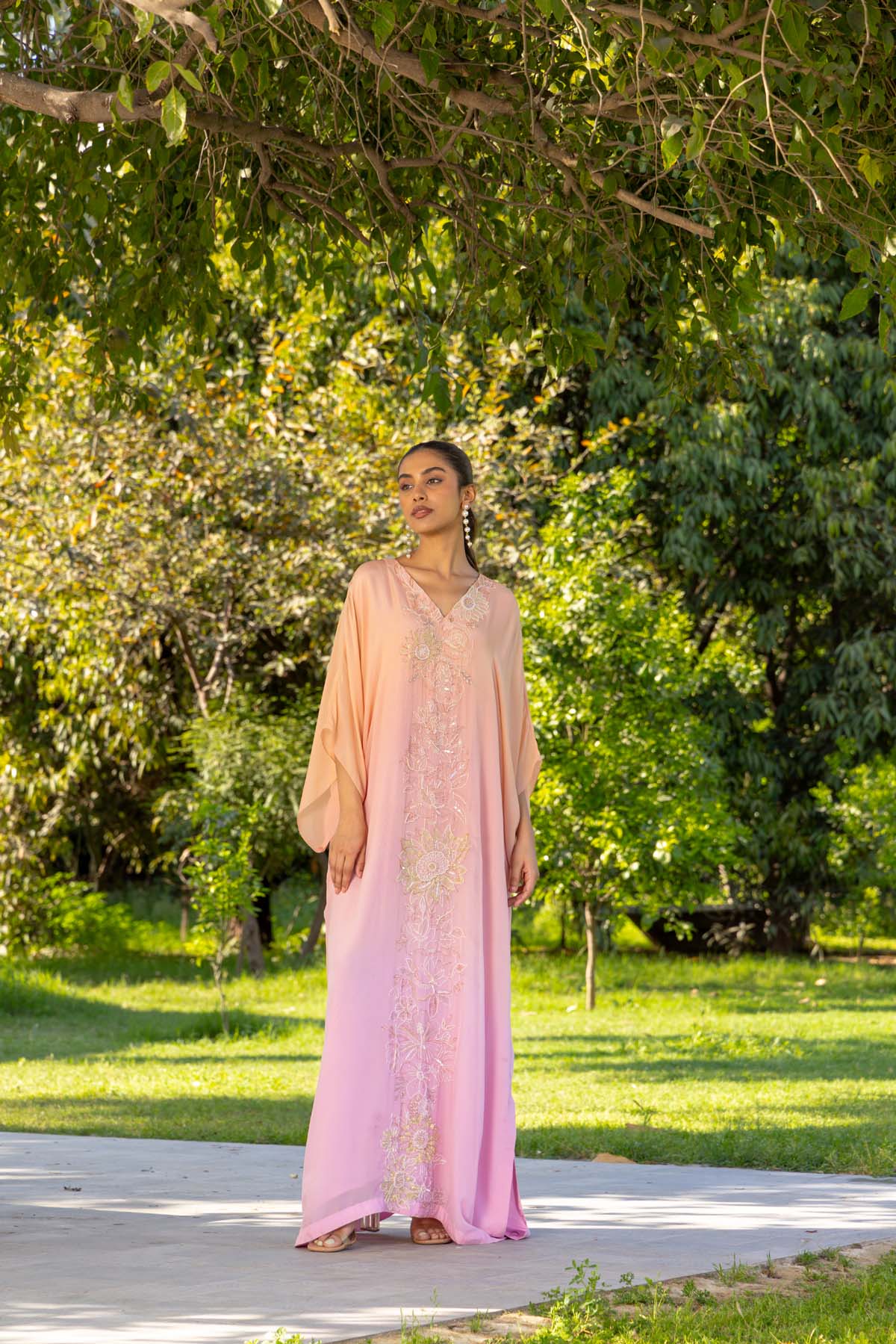 Marigold Hand Embroidered French lace Chiffon Silk Kaftaan