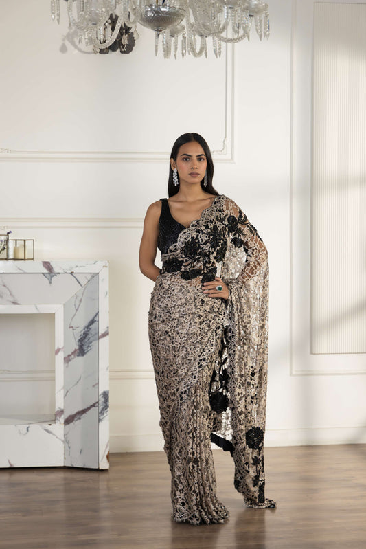 Chandélle Black and Champagne Swarowski Hand Embroided French Chantilly Lace Saree