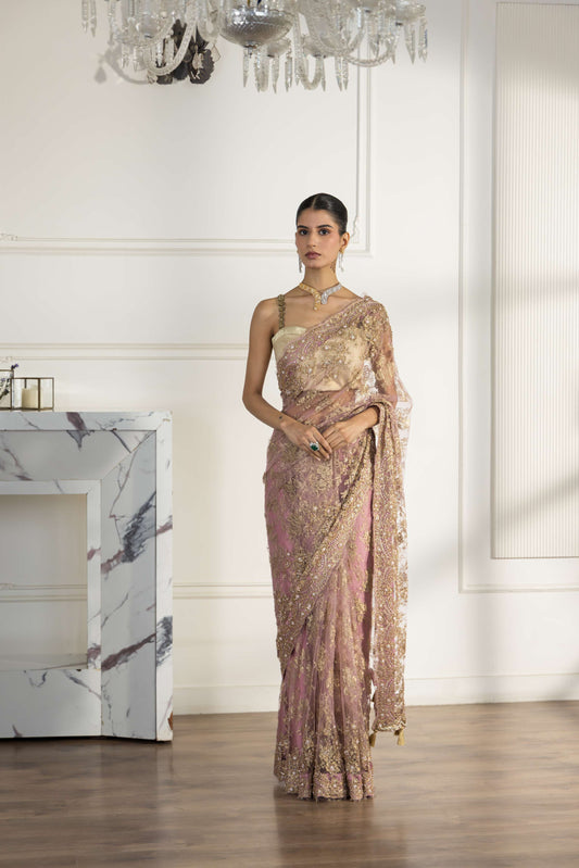 Amourya Blossom Pink and Metallic Gold Hand Embroided French Chantilly Lace Saree