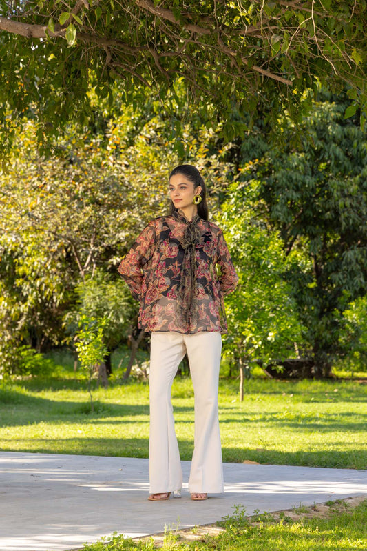 Mimosa Organza Mesh Lace bow shirt
