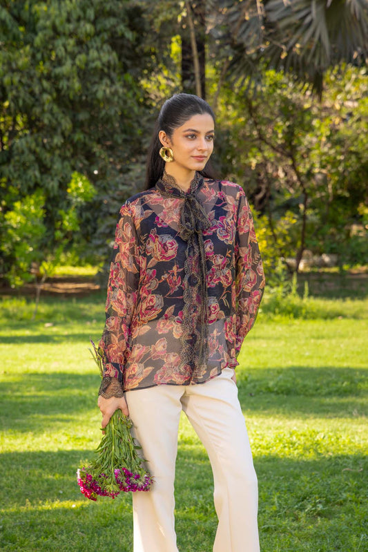 Mimosa Organza Mesh Lace bow shirt