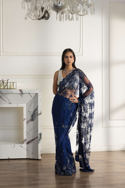 Élysara Midnight Blue Hand Embroided French Chantilly Lace Saree