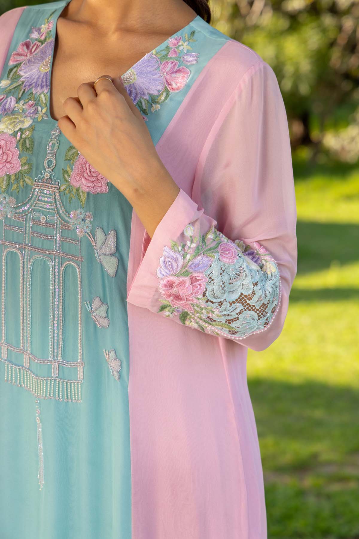 Jasmine Hand embroidered French Lace Chiffon Silk Suit