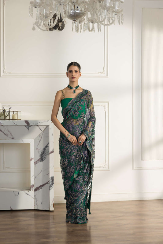 Azure Emerald Green and Purple Gold Hand Embroided Metallic French Chantilly Lace Saree