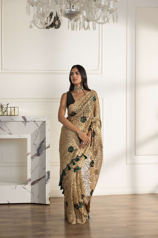 Velourya Gold and Emerald Green Hand Embroided French Chantilly Lace Saree