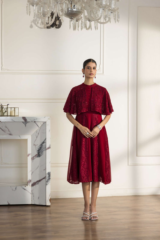 Imperial Ruby Hand Embroided French Lace Georgette Evening Dress