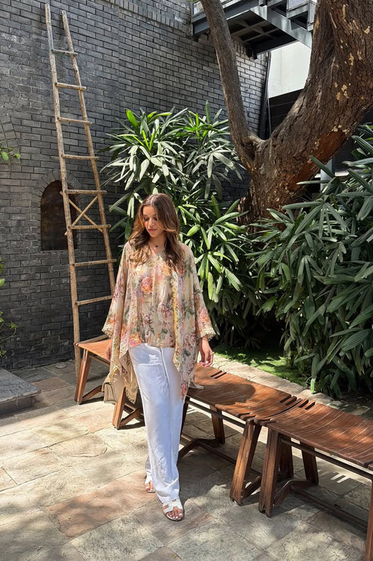 Davneet Dhillon In Lurex Rose Garden Printed Jacquard Silk Kaftan Top