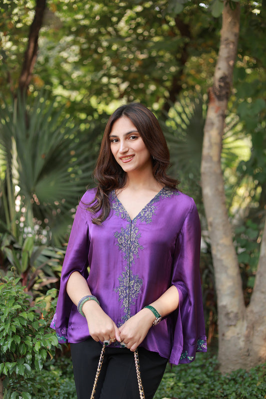 Samya Kapoor In Elaria Purple Hand Embroidered French Lace Twill Silk Shirt