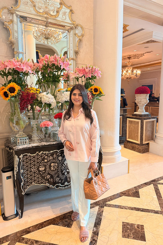 Shallini Kapoor In Pink Rose Blush Embroidered French lace Silk Cotton Shirt