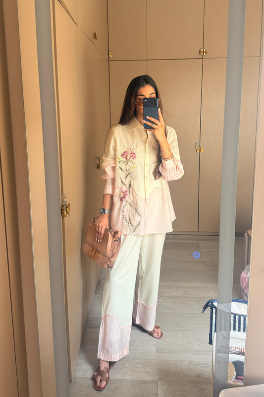 Meher Taluja In Ether Pink Embroidered French lace Silk Linen Co-ord Set
