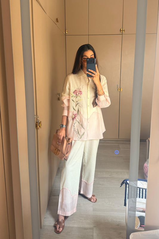 Meher Taluja In Ether Pink Embroidered French lace Silk Linen Shirt