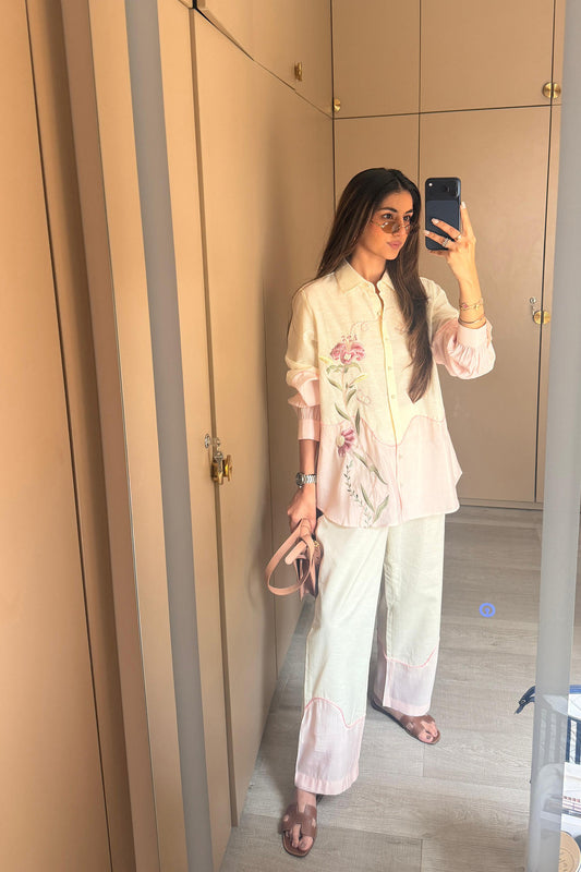 Meher Taluja In Ether Pink Embroidered French lace Silk Linen Shirt