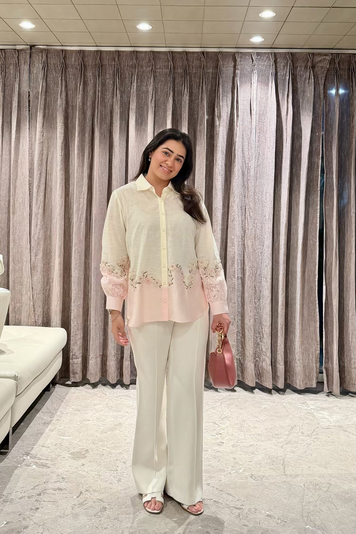 Aishani Sapra In Cendre Pink Hand Embroidered French lace Silk Linen Shirt