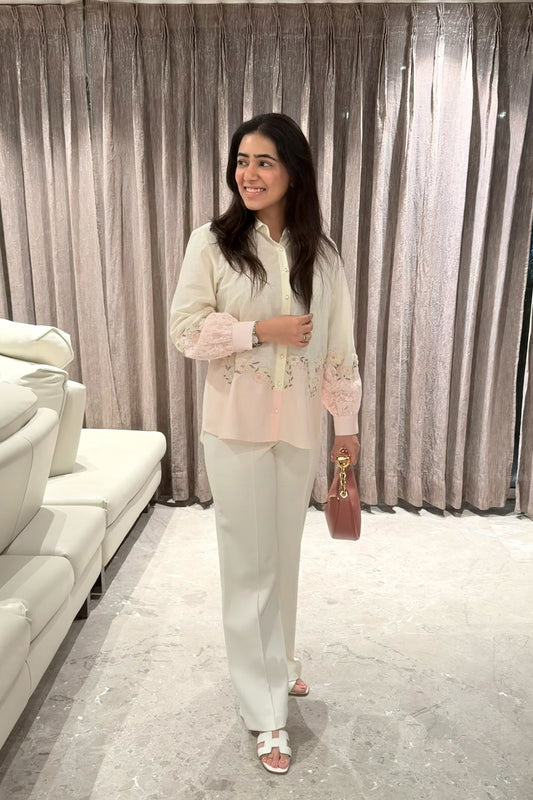 Aishani Sapra In Cendre Pink Hand Embroidered French lace Silk Linen Shirt