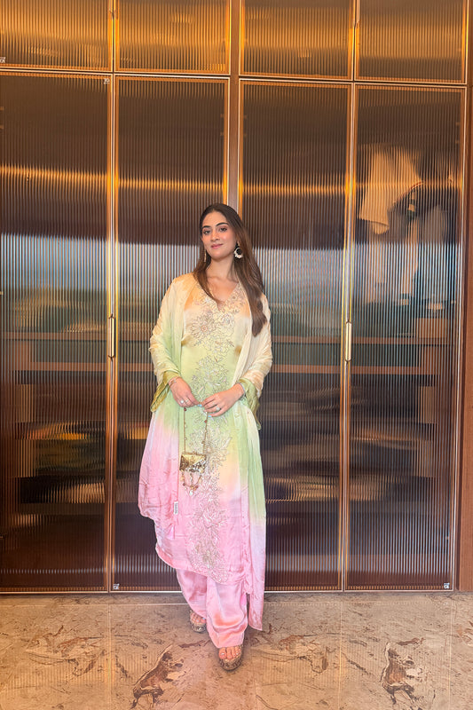 Shivami Jain In Azalea Hand embroidered French Lace Ombre Satin Kurta Set