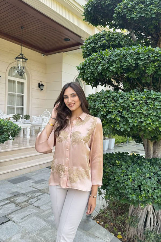 Samya Kapoor In Rosette Mist Dusty Pink Symmetrical Lace Appliqué Satin Silk Shirt