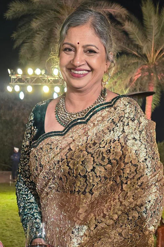 Ms Mamtha  In Velourya Gold and Emerald Green Hand Embroided French Chantilly Lace Saree