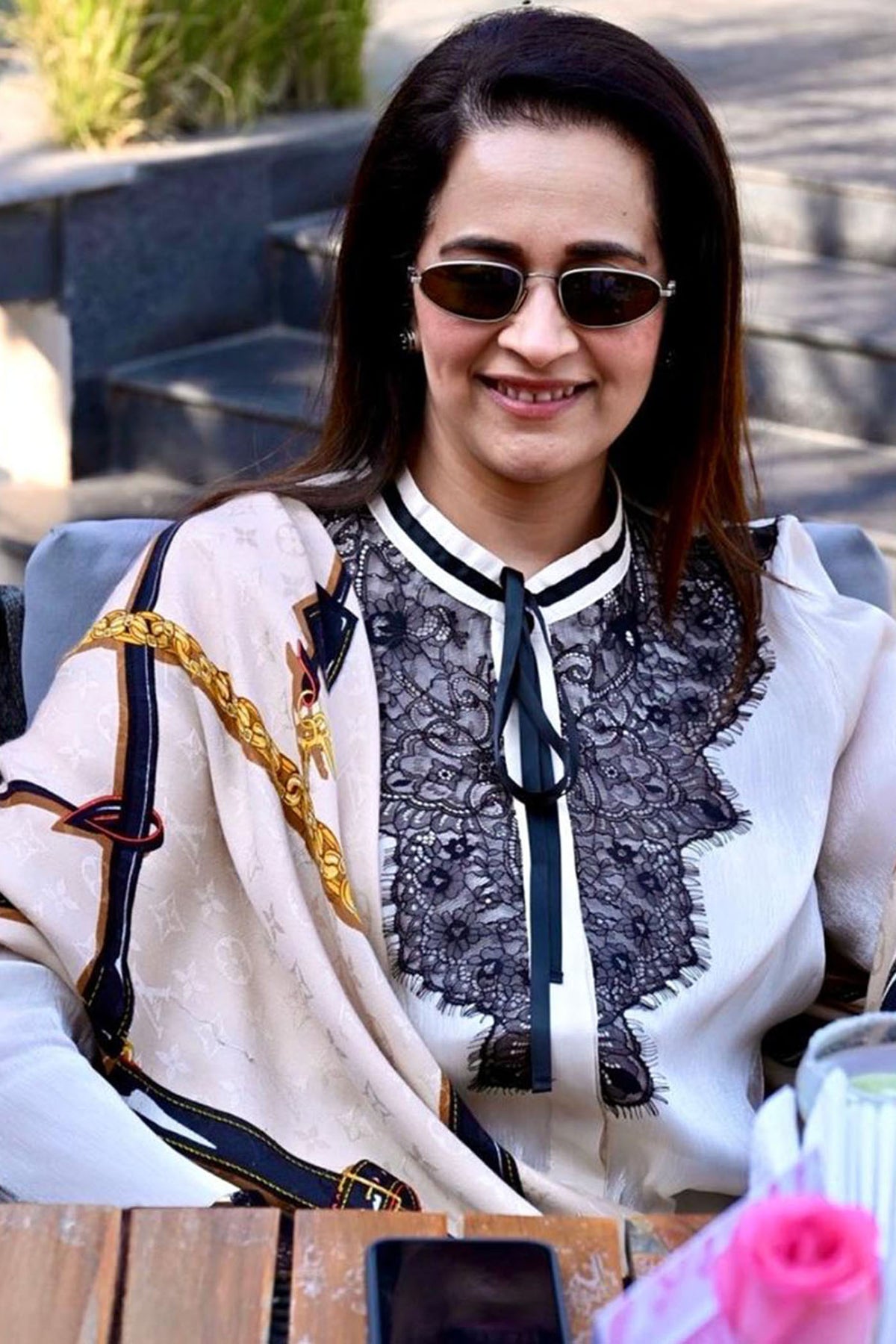 Ms Kavita Bhalla In Moonstone Beige Shimmer French Lace Chiffon Top