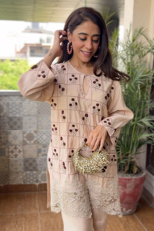 Samridhi In Auré Beige Hand Embroidered French lace Silk cotton Kurta set
