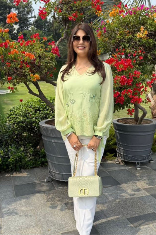 Shalini Kapoor In Dragonfly Pastel Green Hand Embroidered French Lace Flat Chiffon Top