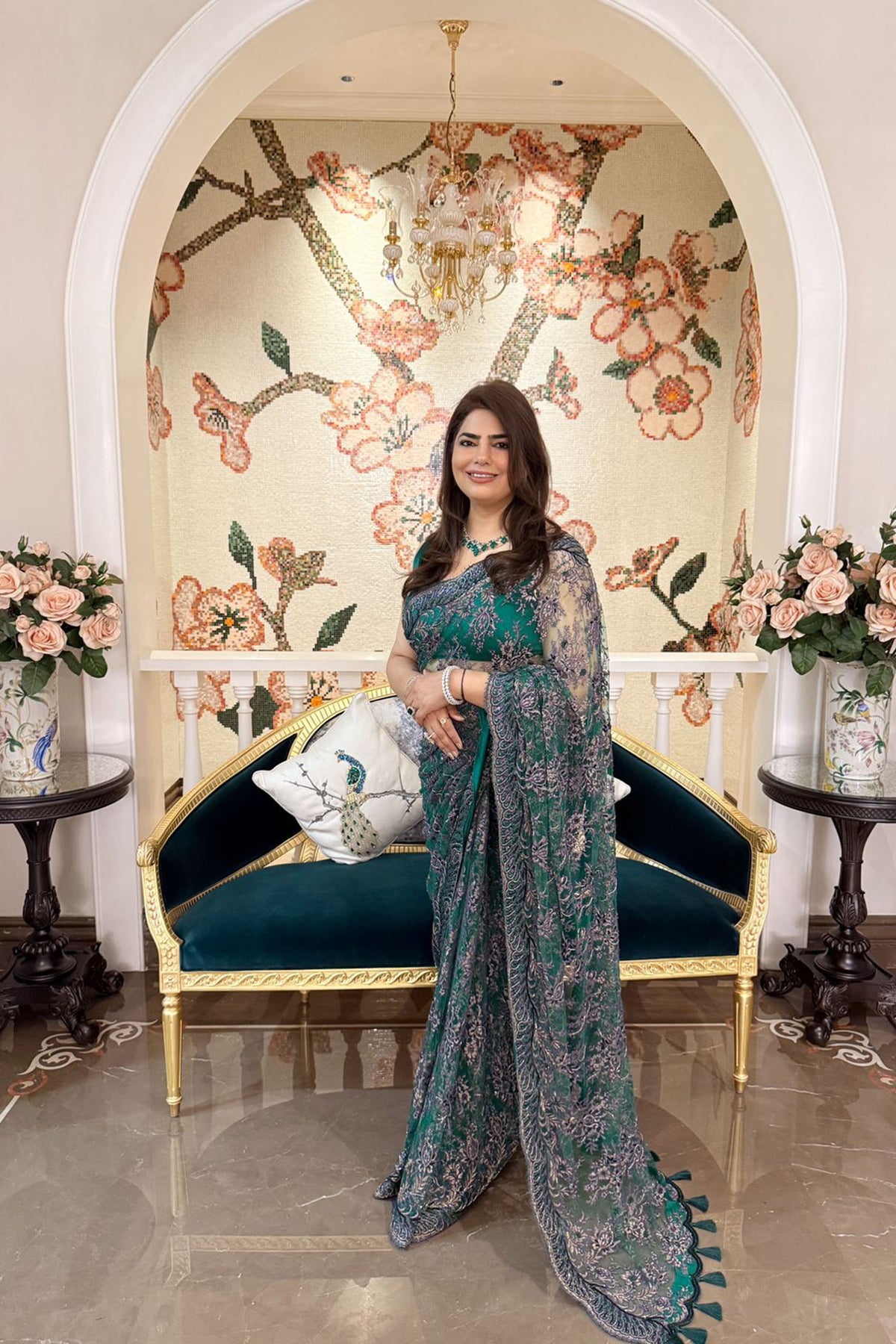 Shalini Kapoor In Azure Emerald Green and Purple Gold Hand Embroided Metallic French Chantilly Lace Saree