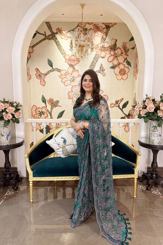 Shalini Kapoor In Azure Emerald Green and Purple Gold Hand Embroided Metallic French Chantilly Lace Saree