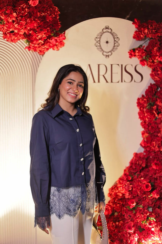Aishani Sapra In Aureal Blue French Lace Cotton Shirt